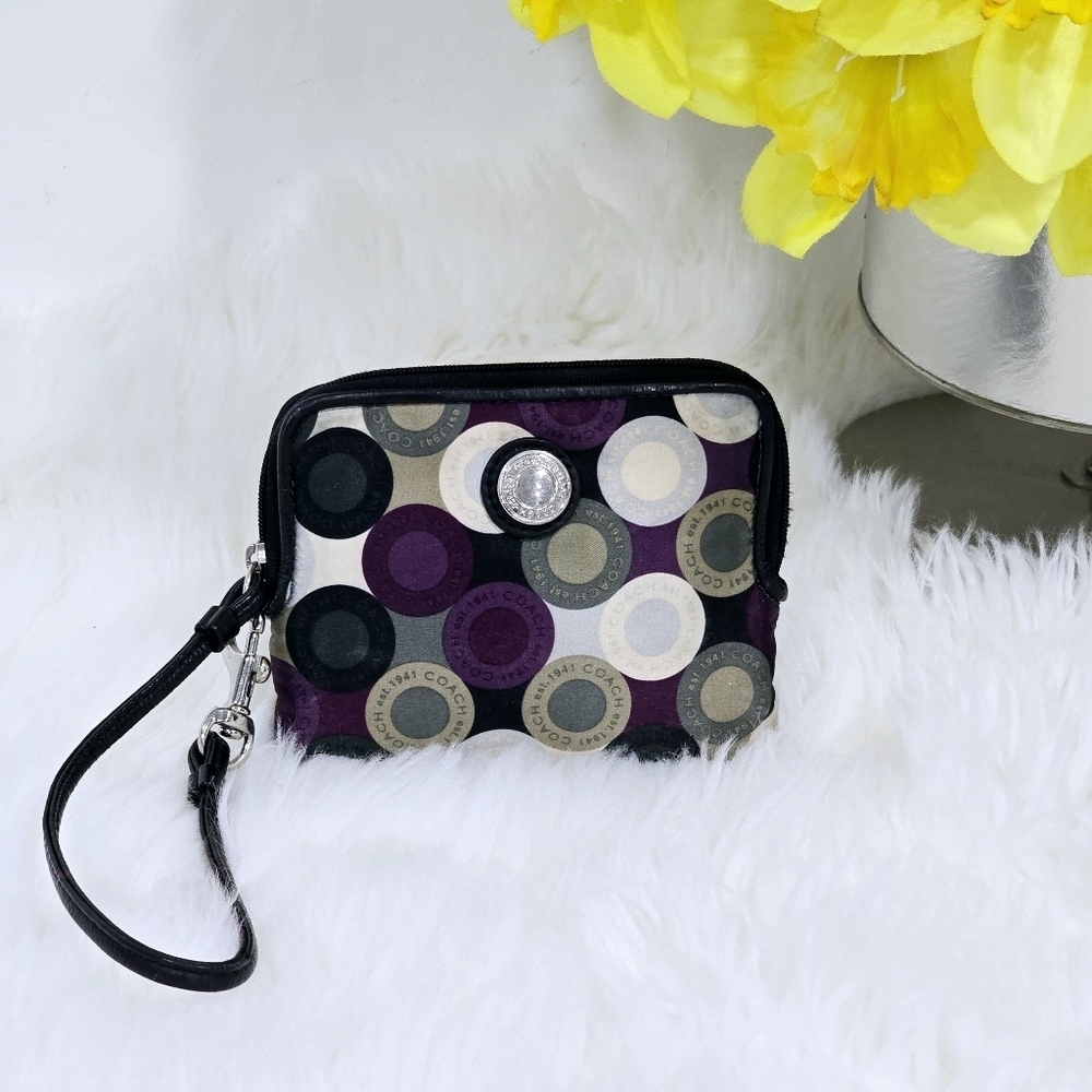 Coach Madison Signature Satin purple,white,gray and black wristlet .